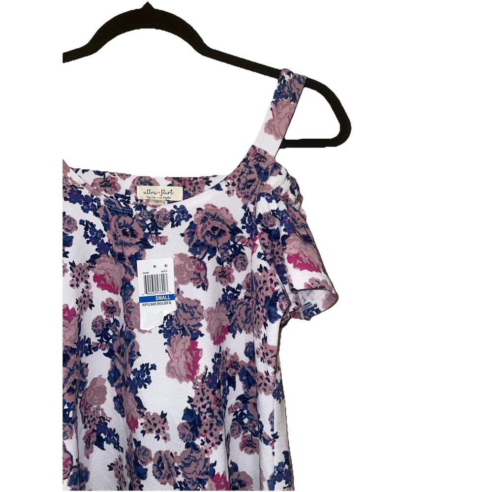 Ultra Flirt Womens Floral Cold Shoulder Ruffle Top Purple Pink Small 3D464 - Picture 4 of 13